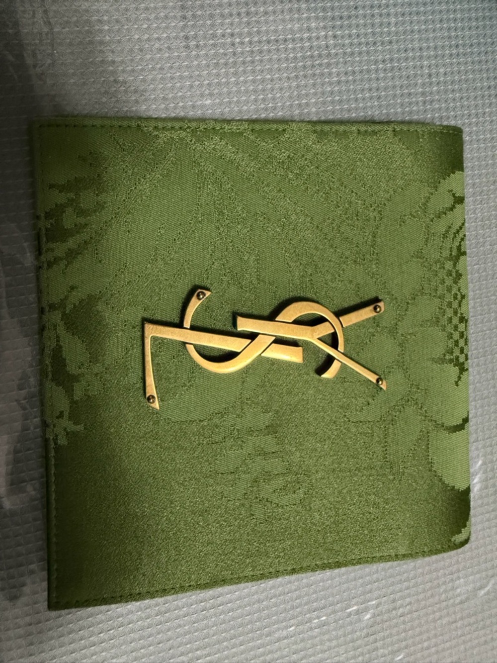 Saint Laurent Olive Green Jacquard Card Holder with Gold YSL Emblem